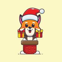 söt röd panda med santa hatt i de skorsten. söt jul tecknad serie illustration. vektor