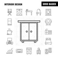 Innenarchitektur-Liniensymbole, die für Infografiken, mobiles Uxui-Kit und Druckdesign festgelegt wurden, umfassen Möbel, Haushalt, Waschbecken, Tür, Schließraum, Möbel, Kochen, Symbolsatz, Vektor