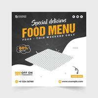 Spezielles Menüdesign mit dunklen Hintergründen für digitales Marketing. moderne Restaurant-Social-Media-Post-Vektoren mit abstrakten Formen. Köstliches Werbeplakatdesign für Restaurants. vektor