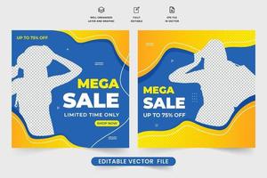 spezielles verkaufsvorlagendesign mit fotoplatzhaltern. moderner Shop-Promotion-Web-Banner-Vektor mit blauen und gelben Farben. Mega Sale Social Media Post Vektor für digitales Marketing. Shop-Werbung.