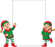 Die beiden Elfen, die das Weihnachtsmann-Clownkostüm tragen, stehen in der Nähe des leeren Bretts vektor