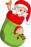 Der Weihnachtsmann kommt aus der großen grünen Socke, auf der die kleine Elfe schläft vektor