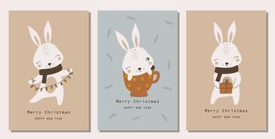 weihnachtskarten mit niedlichen kaninchen. Vektorillustrationen vektor