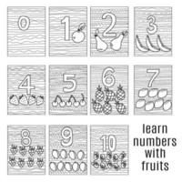Lernen Sie Zahlen mit Früchten, eine Reihe von Malvorlagen von null bis zehn mit verschiedenen Früchten und Streifenmustern vektor