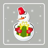 Weihnachtskarte mit mit lustigem Schneemann. Schneemann mit großer Geschenkbox in seinen Händen. Winteraufkleber. grußkarte, rahmen für weihnachten, neujahr. Entwurf für Postkarte. Vektor-Illustration vektor