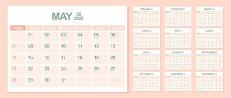 vägg kalender 2023. Maj. vecka börjar på söndag. en gång i månaden kalender mall. design företags- planerare. landskap orientering. kontor företag planera. pastell Färg. vektor illustration