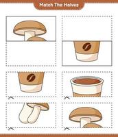 verbinde die Hälften. Passen Sie Hälften von Shiitake und Kaffeetasse zusammen. pädagogisches kinderspiel, druckbares arbeitsblatt, vektorillustration vektor