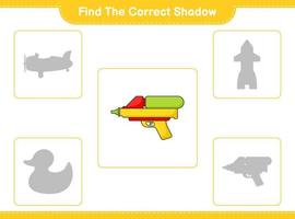 Finden Sie den richtigen Schatten. Finden Sie den richtigen Schatten der Wasserpistole und passen Sie ihn an. pädagogisches kinderspiel, druckbares arbeitsblatt, vektorillustration vektor