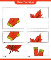 match de halvor. match halvor av strumpor och lönn blad. pedagogisk barn spel, tryckbar arbetsblad, vektor illustration
