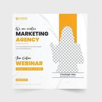 Webinar-Vorlage für Marketingagenturen mit blauen und gelben Farben. Online-Business-Konferenz-Einladung Webinar-Design mit Foto-Platzhalter. Webinar-Social-Media-Postvektor für digitales Marketing. vektor