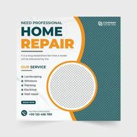 Home Repair Service Social Media Post Vektor mit gelben und orangen Farben. Werbevorlagenvektor für Hausrenovierungsunternehmen für Online-Marketing. hausbau und handwerker webbanner design