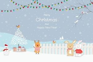 frohe weihnachten und ein frohes neues jahr grußkarte mit lustigen karikaturkaninchentieren feiern party im winter vektor