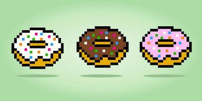 Bild des Pixel-Donuts-Sets. Lebensmittel in Vektorgrafik, Kreuzstichmuster.