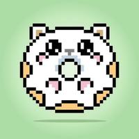 8-Bit-Pixel-Donuts in niedlicher Katzenform. Lebensmittel in Vektorillustration, Kreuzstichmuster. vektor