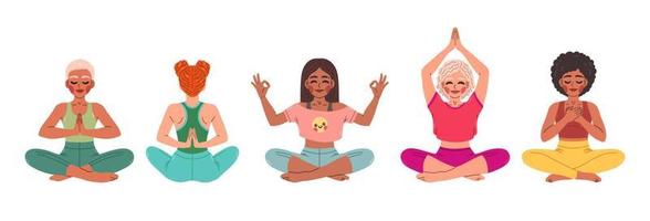 Eine Reihe junger Frauen, die in Yoga-Lotus-Pose sitzen. meditierende mädchenillustration. Yoga-Frau, Meditation, Anti-Stress vektor