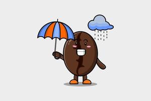 süße Cartoon-Kaffeebohnen im Regen mit Regenschirm vektor