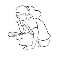 linje konst kvinna tonåring gråt på de jord illustration vektor hand dragen isolerat på vit bakgrund