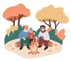 familie sitzt am feuer in der natur. vater, mutter, kind verbringen im herbst zeit im freien. Herbstaktivität. Erwärmung bei kaltem Wetter. flache Cartoon-Vektor-Illustration. vektor