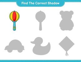 Finden Sie den richtigen Schatten. Finden und passen Sie den richtigen Schatten der Babyrassel an. pädagogisches kinderspiel, druckbares arbeitsblatt, vektorillustration vektor