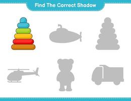 Finden Sie den richtigen Schatten. Finden Sie den richtigen Schatten des Pyramidenspielzeugs und passen Sie ihn an. pädagogisches kinderspiel, druckbares arbeitsblatt, vektorillustration vektor