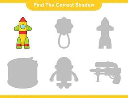 Finden Sie den richtigen Schatten. Finde und kombiniere den richtigen Raketenschatten. pädagogisches kinderspiel, druckbares arbeitsblatt, vektorillustration vektor