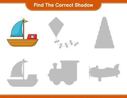 Finden Sie den richtigen Schatten. Finden Sie den richtigen Schatten des Bootes und passen Sie ihn an. pädagogisches kinderspiel, druckbares arbeitsblatt, vektorillustration vektor