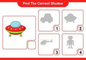 Finden Sie den richtigen Schatten. Finden Sie den richtigen UFO-Schatten und passen Sie ihn an. pädagogisches kinderspiel, druckbares arbeitsblatt, vektorillustration vektor