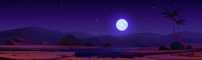natt öken- oas under full måne starry himmel vektor
