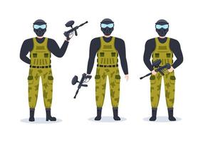 människor spelar paintball av kämpe spelare skytte med pistol skjuta, syfte, ge sig på i fält scen i platt tecknad serie hand dragen mall illustration vektor