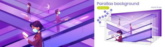 parallax 2d bakgrund människor i mask på rulltrappa vektor