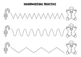 Verfolgen von Linien für Kinder. Zuckerstange und Lebkuchenmann. Schwarz-Weiß-Arbeitsblatt. vektor