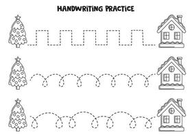 Verfolgen von Linien für Kinder. Weihnachtsbaum und Winterhaus. Schwarz-Weiß-Arbeitsblatt. vektor