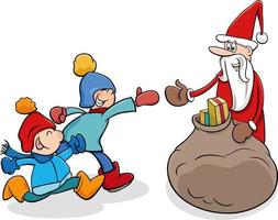 tecknad serie santa claus karaktär ger jul presenterar till barn vektor