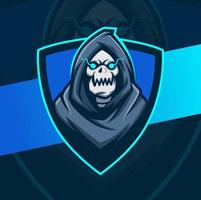 reaper schädelkopf mit haube maskottchen charakter esport logo design bestes design für gaming und sport logo vektor