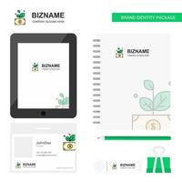 Money Plant Business Logo Tab App Tagebuch PVC Mitarbeiterkarte und USB-Marke stationäres Verpackungsdesign Vektorvorlage vektor