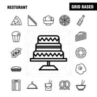 Restaurantzeilensymbole, die für Infografiken, mobiles Uxui-Kit und Druckdesign festgelegt wurden, umfassen Karottennahrung, Gemüsemahlzeit, Flaschennahrung, Mahlzeit, Senf, Eps 10, Vektor