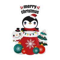 Frohe Weihnachten Grußkarte mit Pinguin und Schneemann vektor