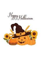 Halloween-Postkarte mit Kürbis, Sonnenblumen, Weizen und Kuchen vektor