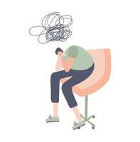 man sitta i fåtölj och tror handla om egen problem. psykolog på de reception platt vektor illustration. påfrestning behandling, mental oordning, depression terapi begrepp