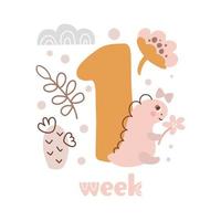 1 Woche Baby-Jahrestagskarte Neugeborenen-Metriken. Babypartydruck mit niedlichem Dino, Blumen und Kaktus, der alle besonderen Momente festhält. Baby-Meilensteinkarte für Neugeborene vektor