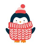 Süßer Baby-Winter-Vektor-Weihnachtspinguin im gestrickten roten Pullover und Hut im Cartoon-Stil. lokalisiert auf flacher Illustration des weißen Hintergrundes vektor