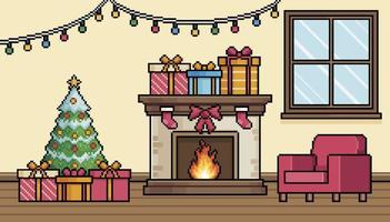 Pixelkunst-Wohnzimmer mit Weihnachtsdekoration mit Kamin, Weihnachtsbaum und Sesselhintergrundvektor für 8-Bit-Spiel vektor