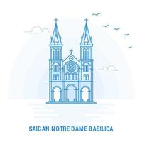 saigan notre dame basilica blauer wahrzeichen kreativer hintergrund und plakatvorlage vektor