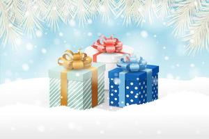 Weihnachtsentwurf mit Zweigen über Geschenken im Schnee vektor
