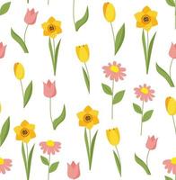 sömlös vår mönster med tulpaner och påskliljor. vektor