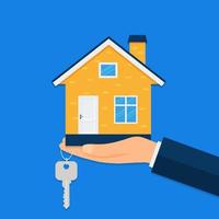 Kauf eines neuen Hauses. ein immobilienmakler schenkt einem käufer einen hausschlüsselbund. Vektor-Illustration. vektor