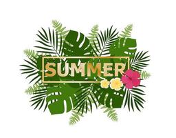 Hej sommar bakgrund med tropisk växter och blommor. för typografisk, baner, affisch, fest inbjudan. vektor illustration