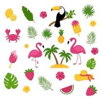 sommar element. tropisk semester Foto bås rekvisita. flamingo, is grädde och ananas, löv och cocktail, blomma och smoothies vektor uppsättning