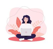 vektor illustration begrepp företag kvinna praktiserande yoga och meditation i kontor. de flicka sitter i de lotus placera, de trodde bearbeta, de början och de Sök för idéer. tid förvaltning