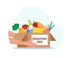 mat och matvaror donation begrepp. välgörenhet, mat donation för behövande människor. volontär donera med näring Produkter. vektor platt illustration .